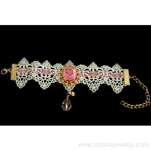 Ribbon Rose Lace Bracelet With Crystal Drop Pendant Jewelry